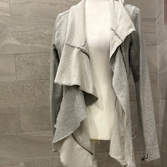 Free People Terry Light Gray Ruffle Asymmetric Cardigan jacket sweatshirt large - Picture 4 of 13
